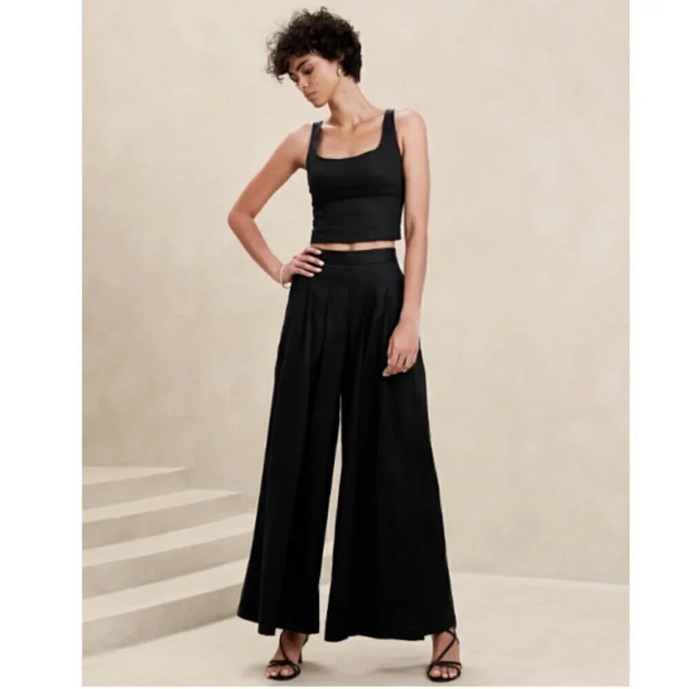 Banana Republic Linen-Blend PALAZZO Black BOHO Pleat Pants Size 6 #852050 RT$110
